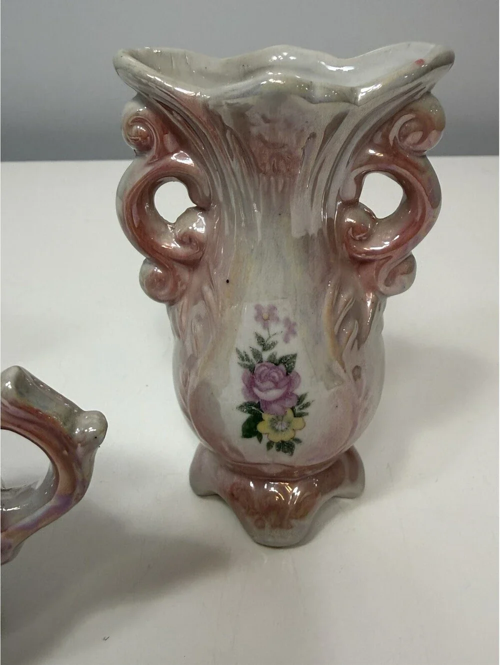 VTG Lusterware Floral Bud Vases Iridescent Pink Finish, Footed Handles Set Of 3
